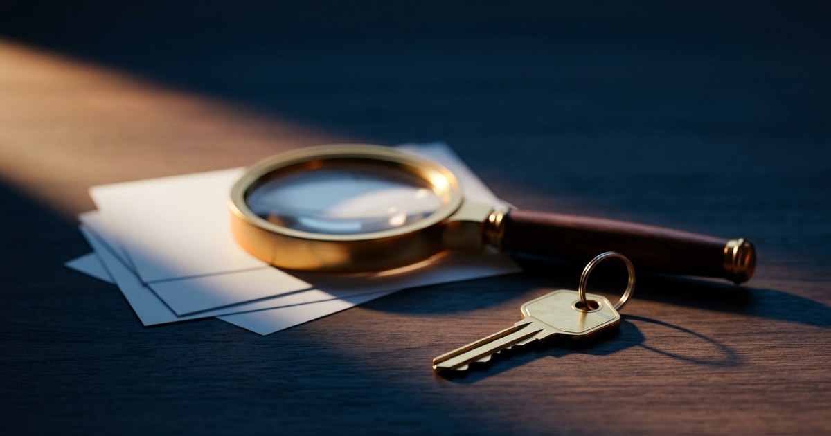 Une loupe posée sur une pile de documents flous et non lisibles, à côté d'une clé en laiton, sur un bureau en bois sombre, éclairage directionnel marqué