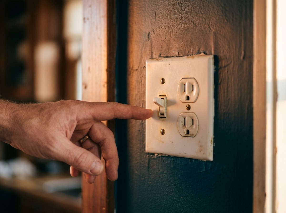 Gros plan sur une prise de courant et un interrupteur muraux légèrement usés, éclairés par une lumière naturelle chaude latérale, avec une main qui touche l'interrupteur comme pour le tester.